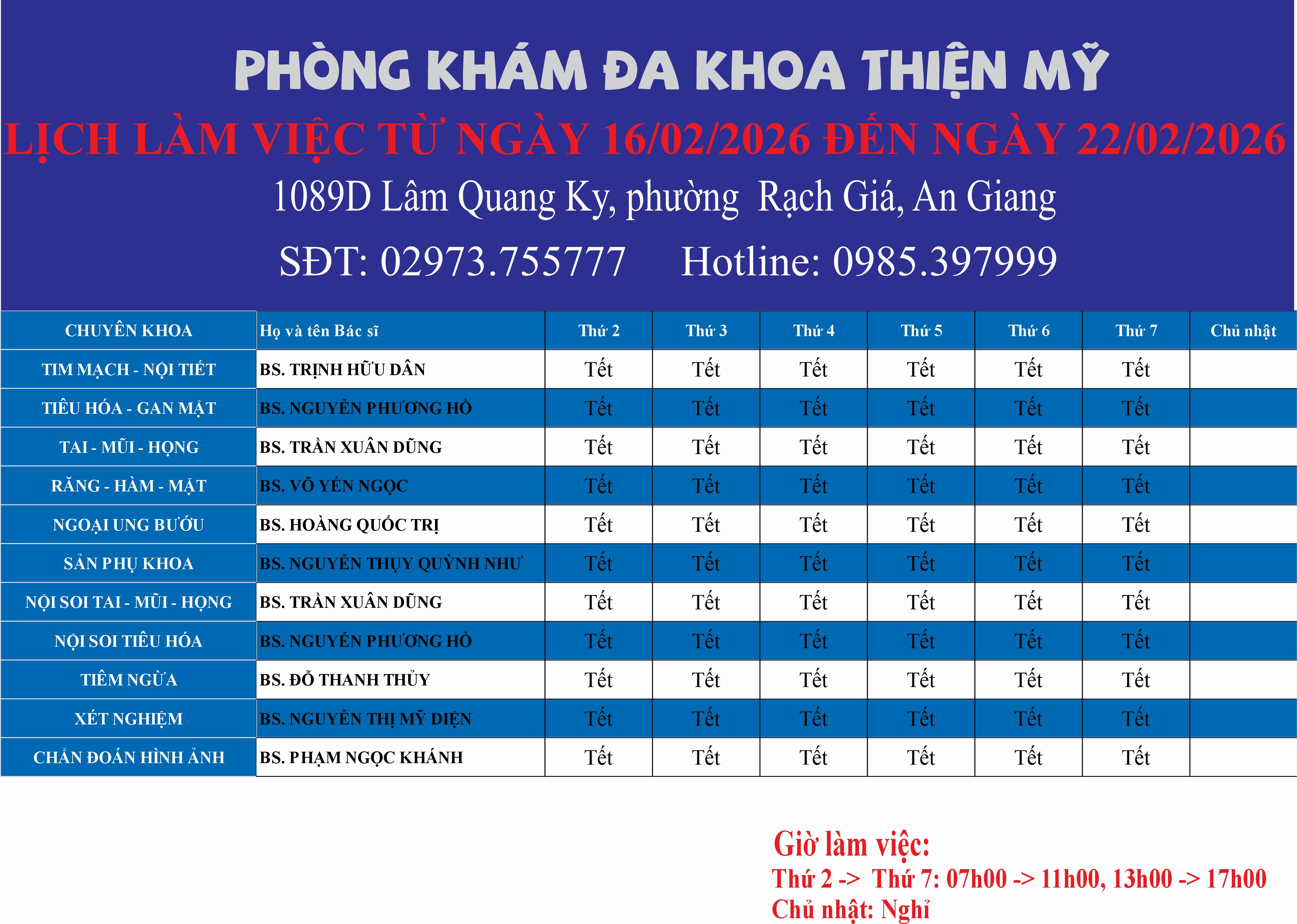 LỊCH LÀM VIỆC TỪ NGÀY 16/02/2026 ĐẾN NGÀY 22/02/2026